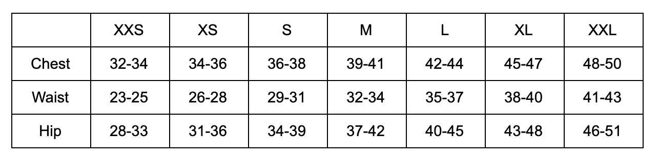 Apparel Sizing Chart