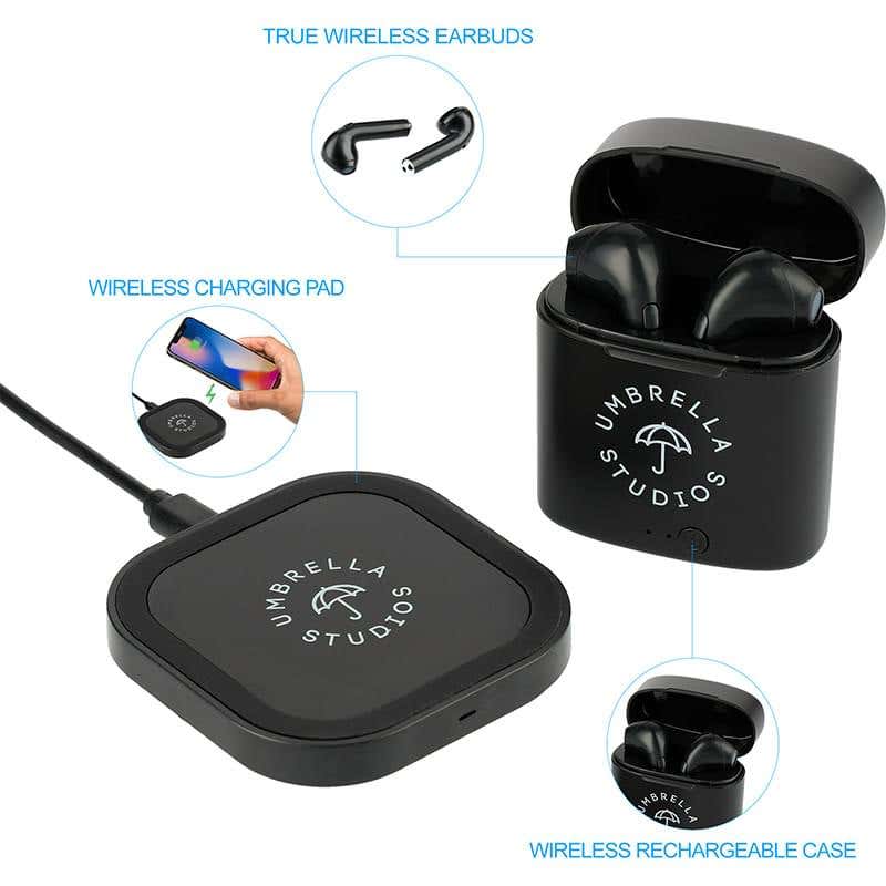 Custom Wireless Earbuds and Qi Charging Pad