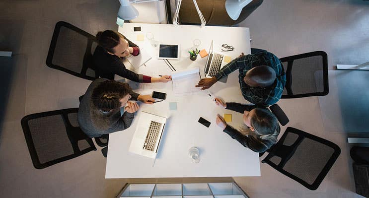 aerial view of team working in office