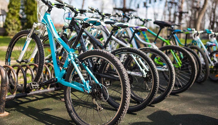 Various bicycles on a rack