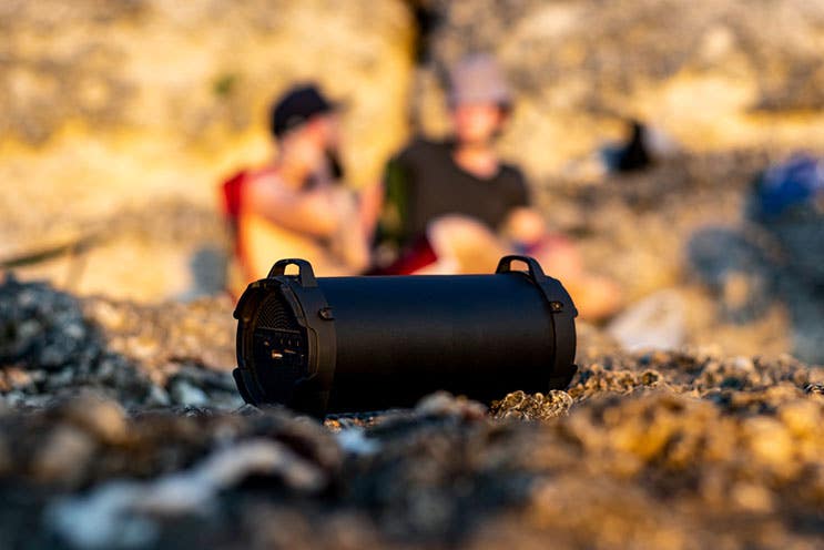 bluetooth speaker on rocks