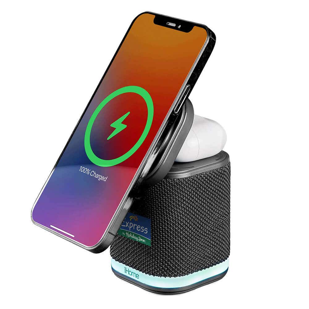 iHome® Dual Wireless Charging Stand with Bluetooth Speaker